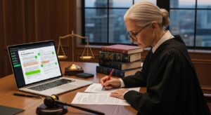 Judge reviewing AI-assisted legal translation output for accuracy