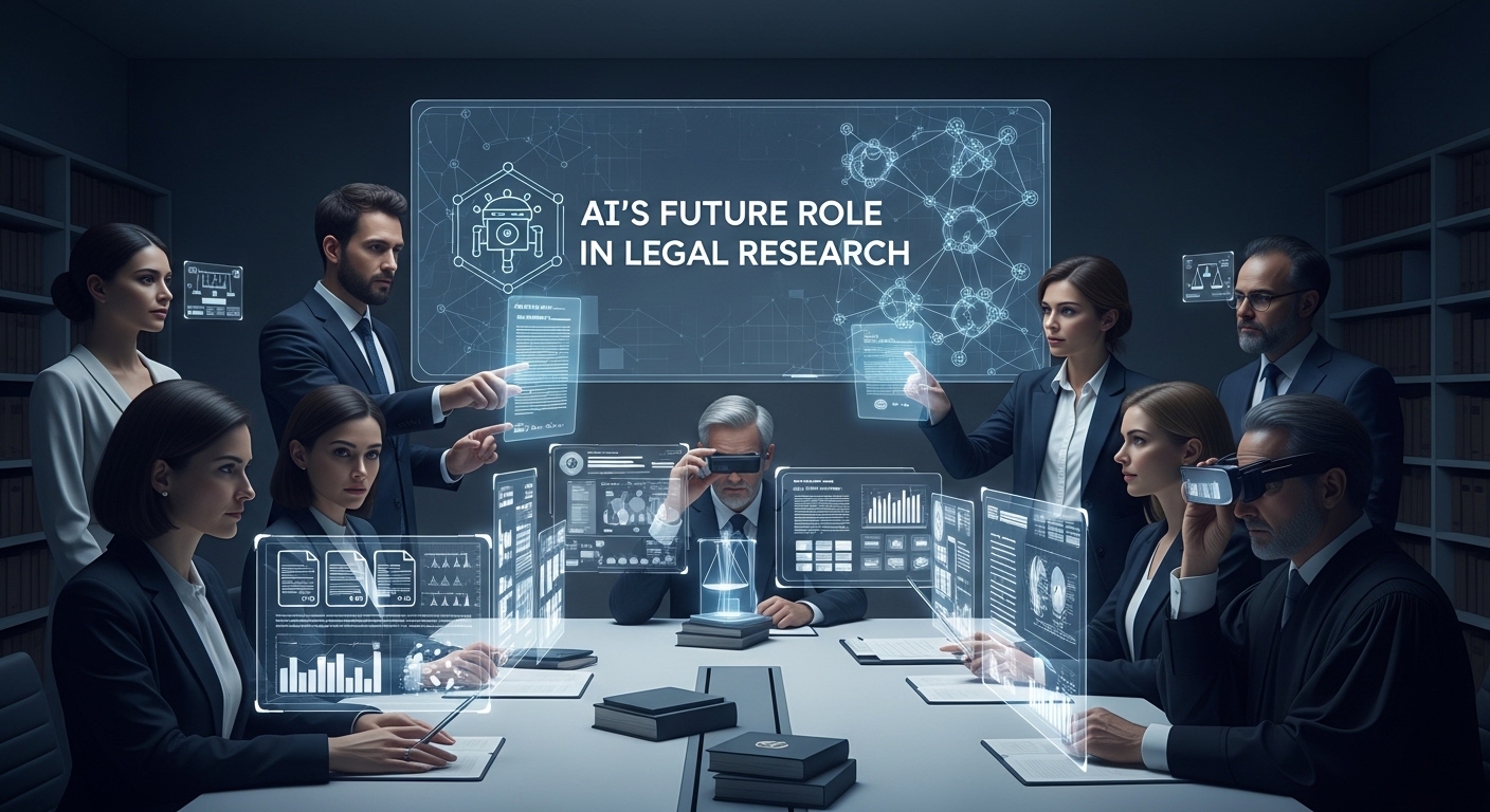 Futuristic legal team using AI technology for legal research