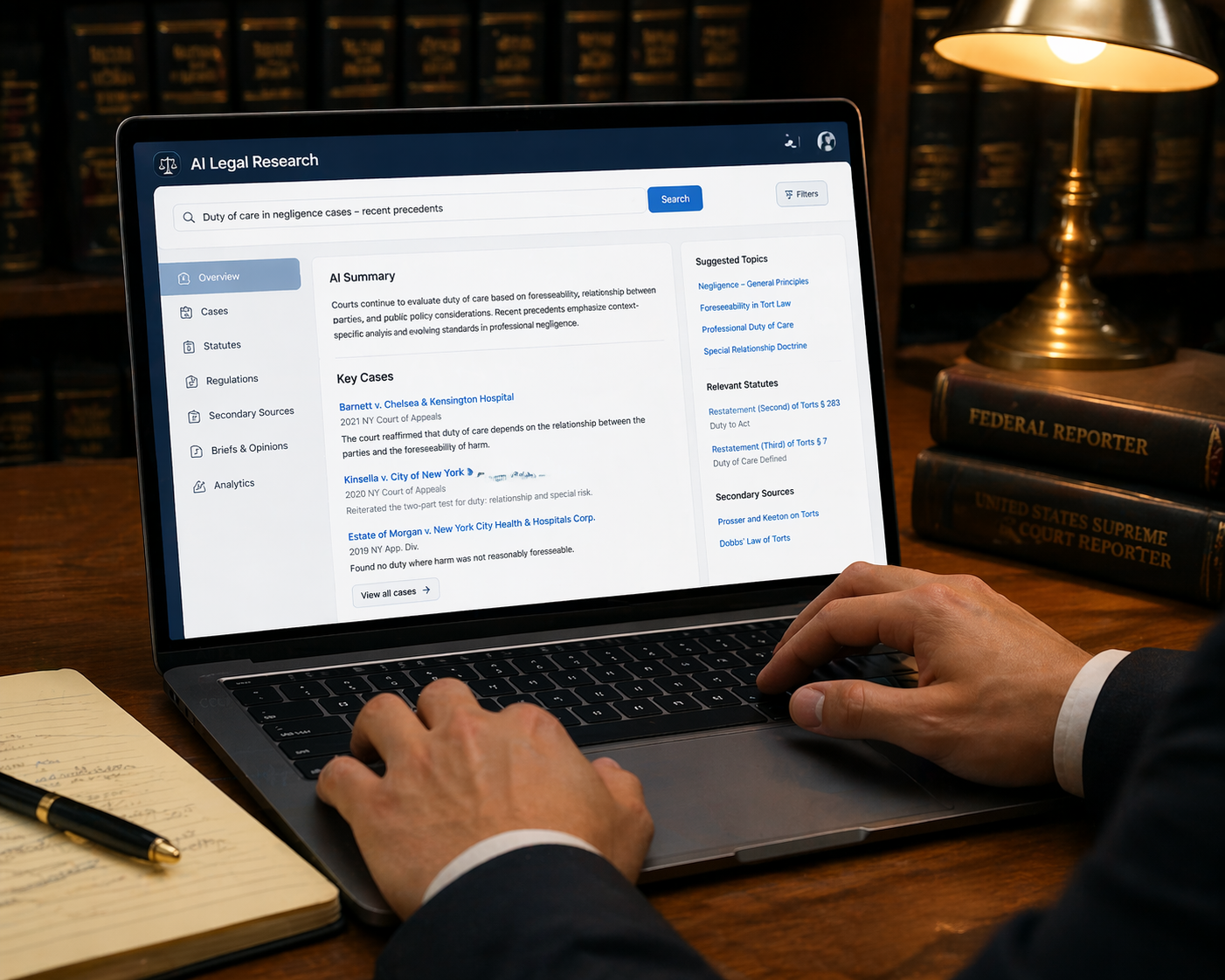 Legal professional researching on a laptop with AI-powered legal dashboard and law books in the background