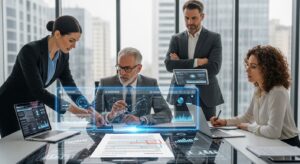 Legal professionals utilizing AI translation technology in the courtroom