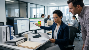 Business professional reviewing legal compliance reports with AI monitoring tools
