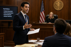 Lawyer presenting arguments in a courtroom while a judge listens from the bench