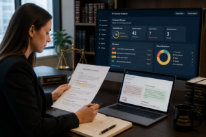 Legal professional reviewing contracts with AI-assisted document analysis tools