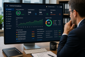 Professional reviewing contract compliance data on an AI-powered legal dashboard in a modern office