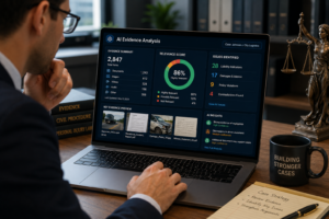 Lawyers reviewing AI-highlighted evidence during e-discovery process