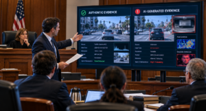 Courtroom reviewing authentic and AI-generated digital evidence
